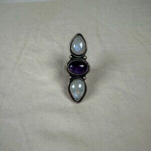Handcrafted Sterling Silver Moonstone & Amethyst Triple Gemstone Ring Size 7
